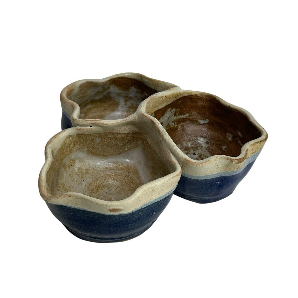 Elaine’s Handmade Pottery Triple Bowl artist signed